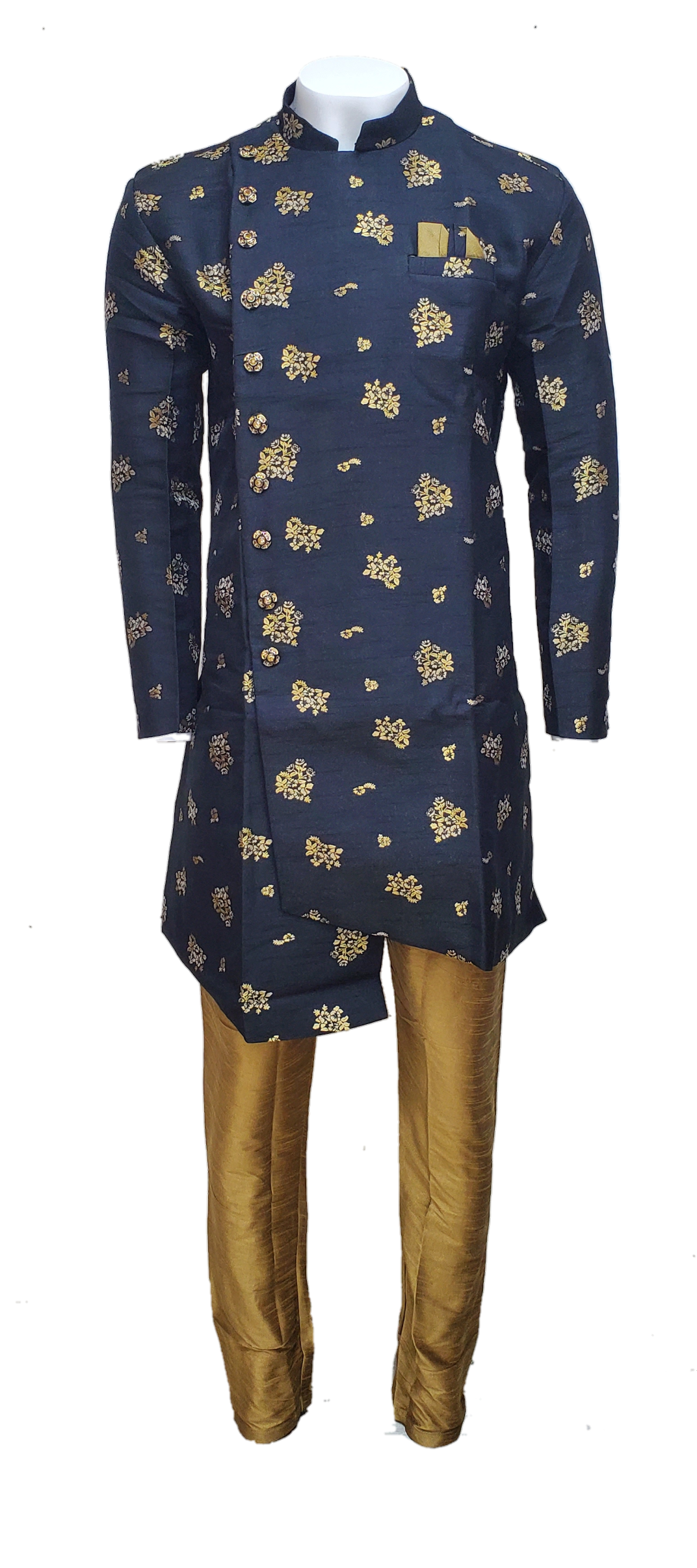 Teal Green Brocade Asymmetric Indo-Western with Gold Pants