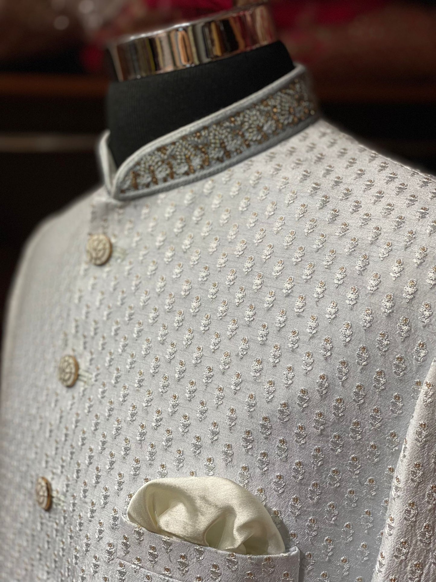 Pearl White Rajwadi Embroidered Sherwani - S28-N11