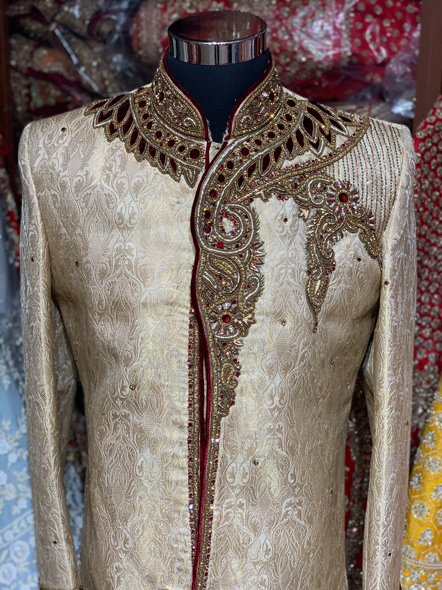 Gold Maroon Size 40 Wedding Sherwani