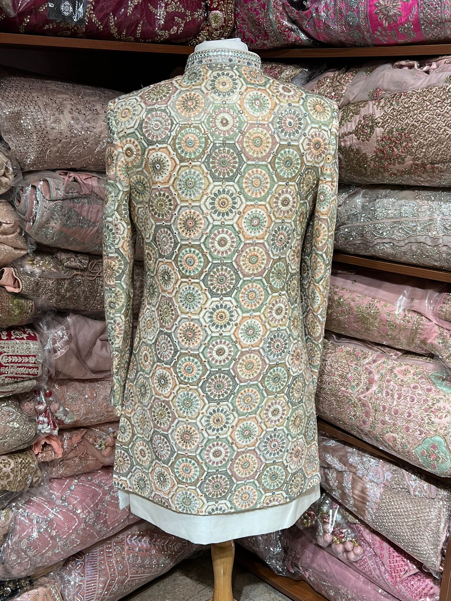 Linen Cream Multi Resham Embroidered Sherwani-S13-71