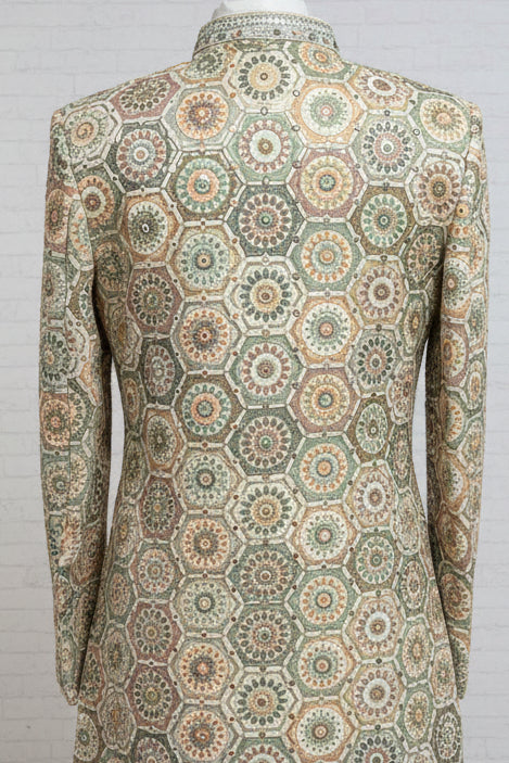 Cream Multicolor Medallion Resham Embroidered Sherwani with Ivory Churidar