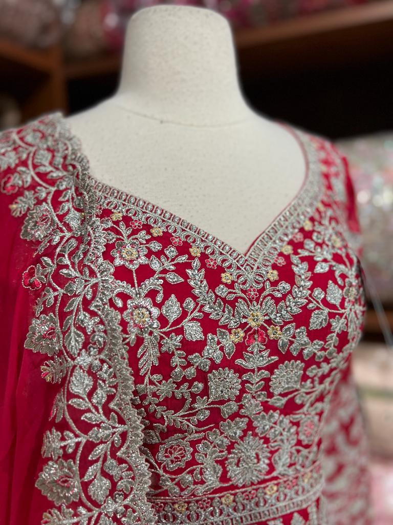 Red Anarkali with Gold Embroidery and Red Net Dupatta