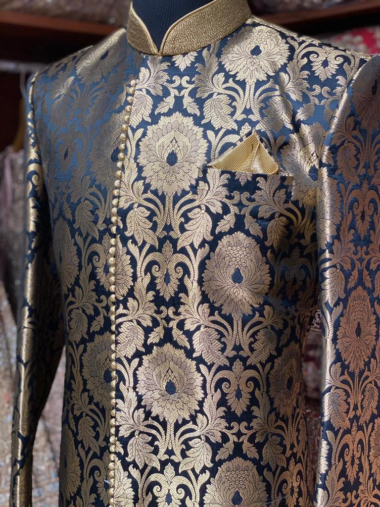 Black and Gold Brocade Size 42 Sherwani