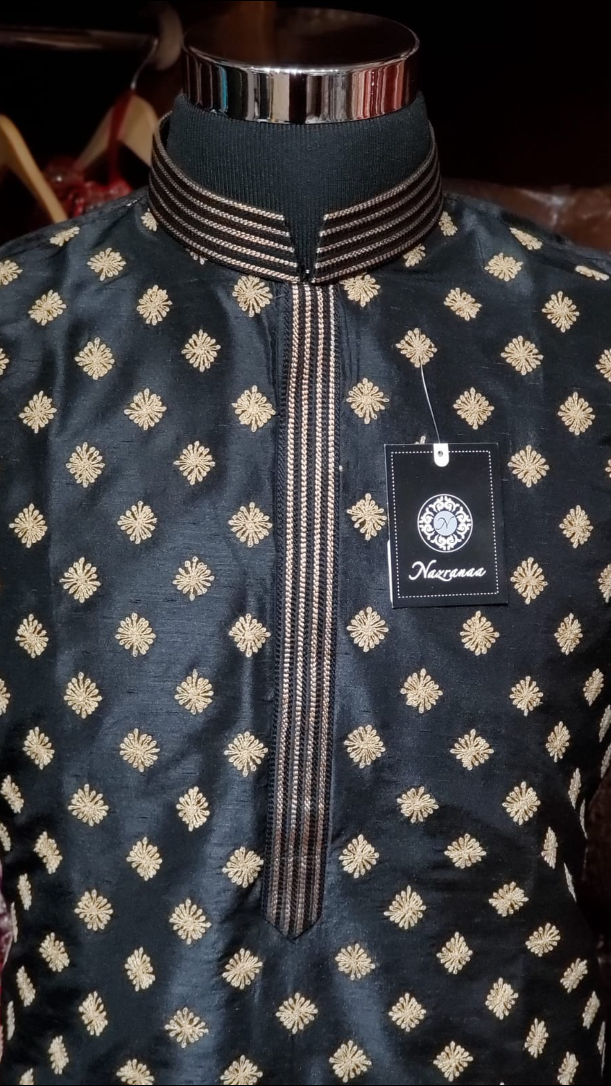 Black Silk Kurta Pajama with Gold Butti Embroidery