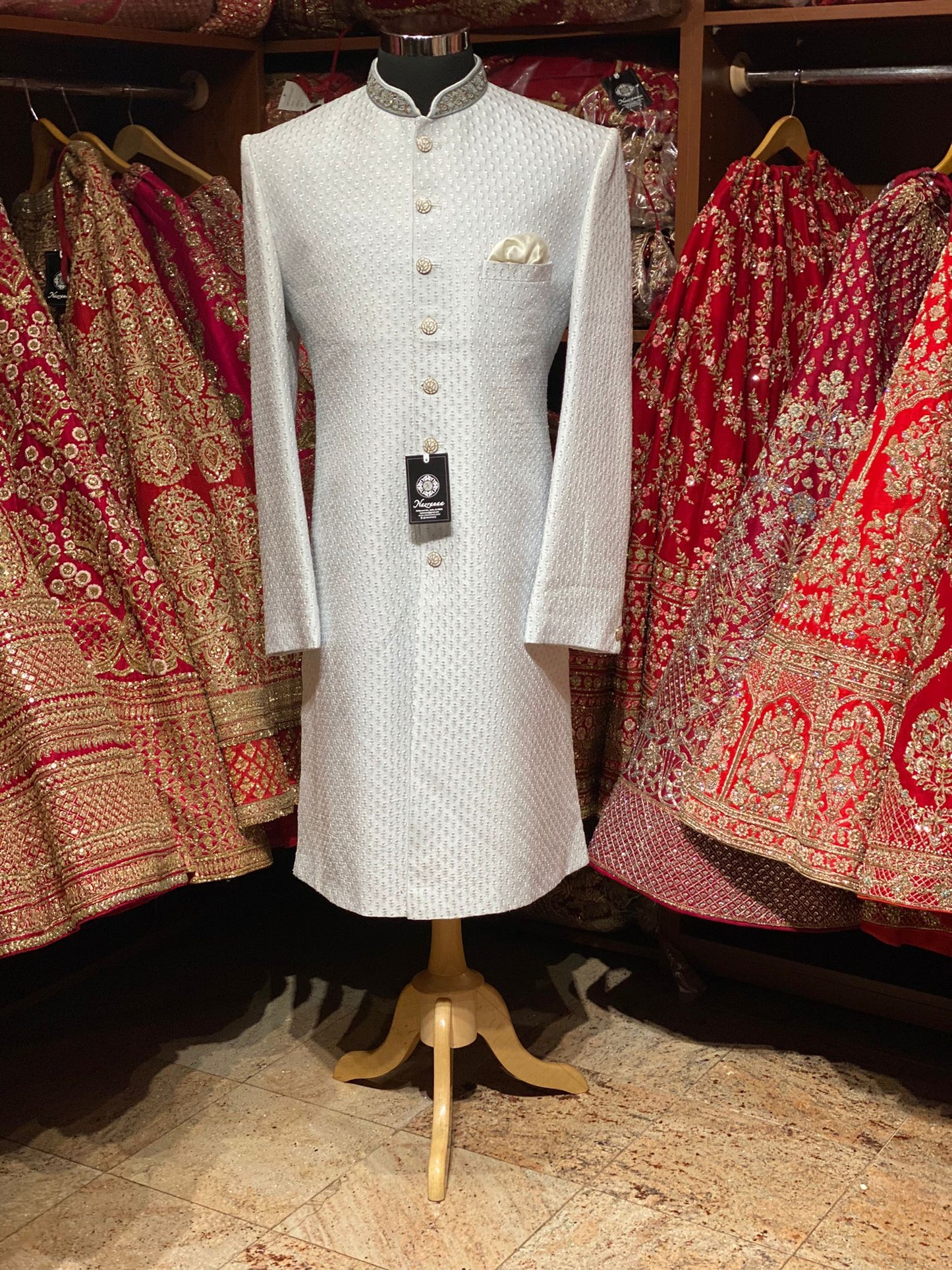 Pearl White Rajwadi Embroidered Sherwani - S28-N11