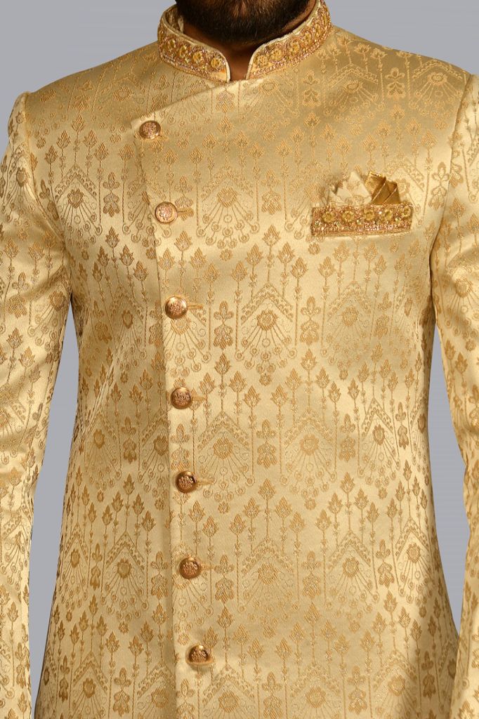 Gold Zari Woven Brocade Sherwani with Gold Pants