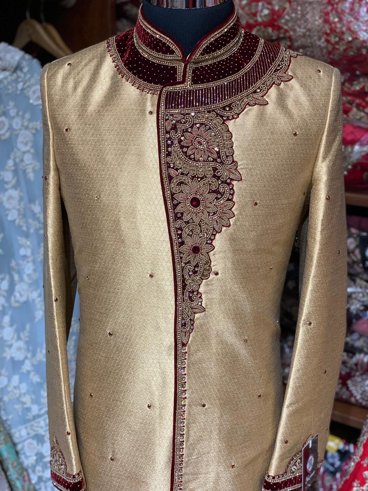 Gold Burgundy Size 40 Wedding Sherwani