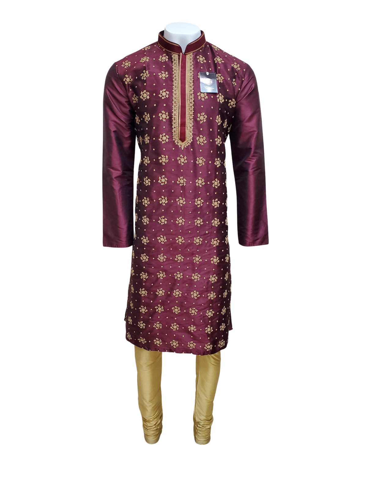 Maroon Raw Silk Kurta with Gold Bead Embroidery and Churidar
