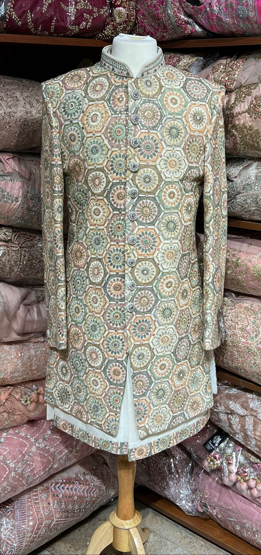 Linen Cream Multi Resham Embroidered Sherwani-S13-71