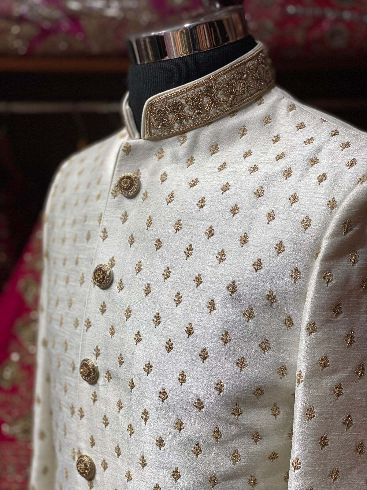 Off White Zari Embroidered Sherwani with Mandarin Collar