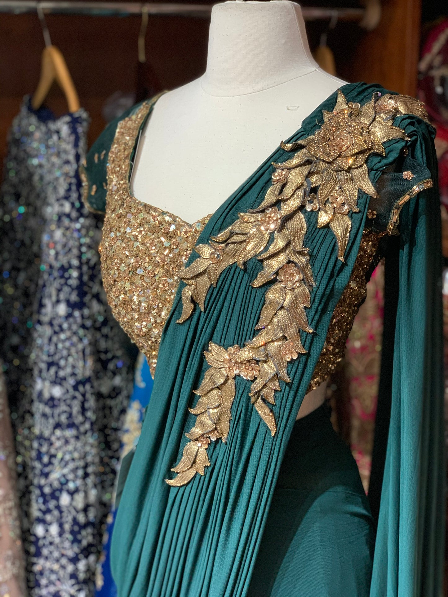 Green Pre-Stitched Saree W/ Readymade Blouse PSS-15