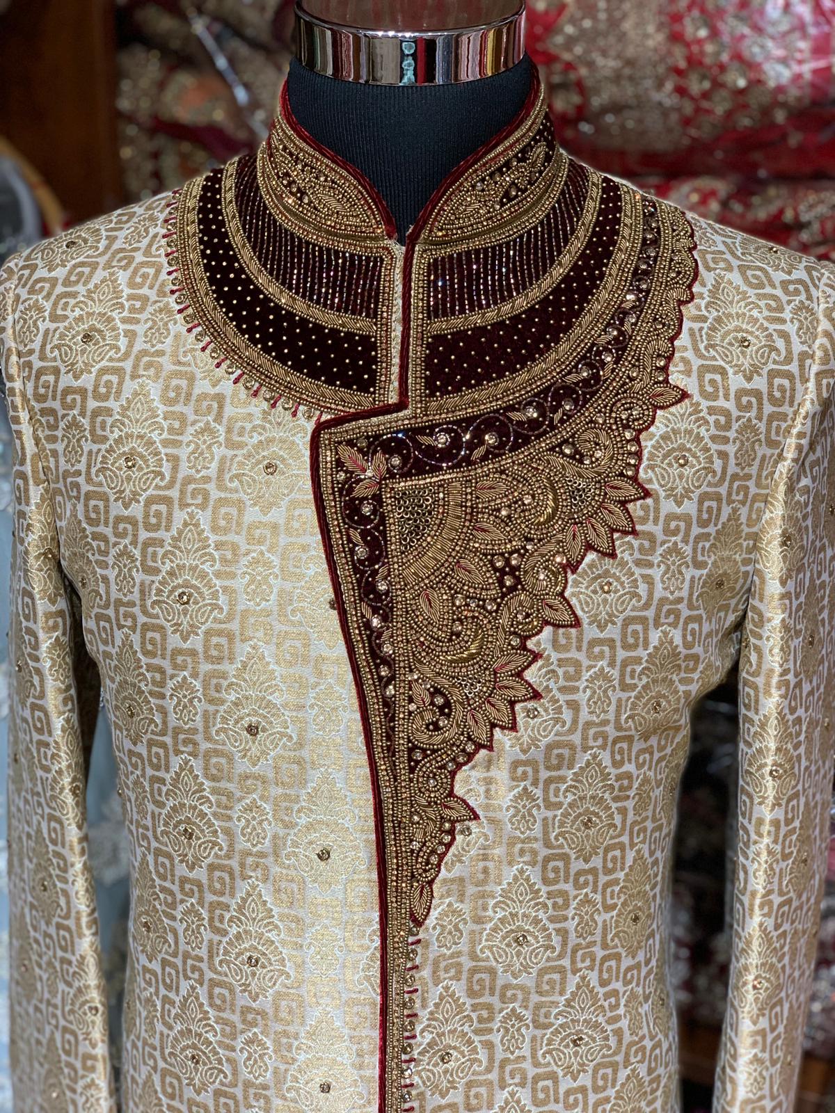 Gold Maroon Size 40 Wedding Sherwani