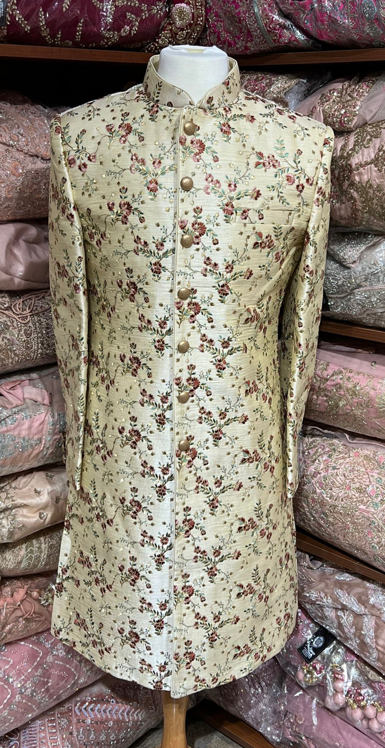 Gold Beige Floral Embroidered Sherwani- SW-D4