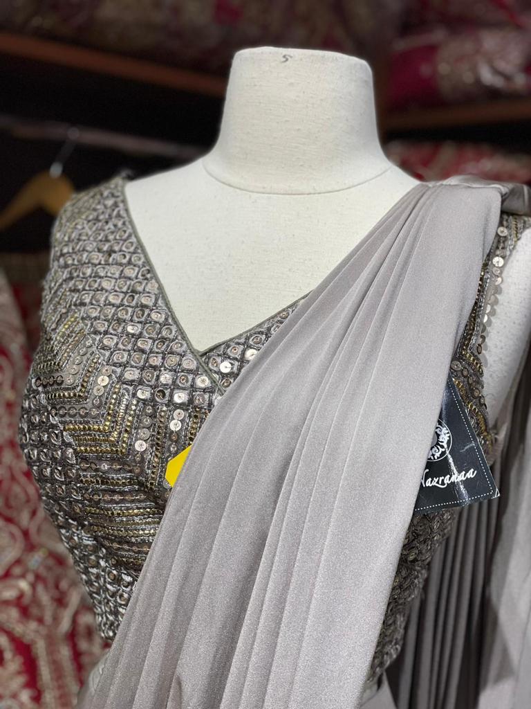 Platinum Silver Pre-Stitched Saree W/ Readymade Blouse PSS-31