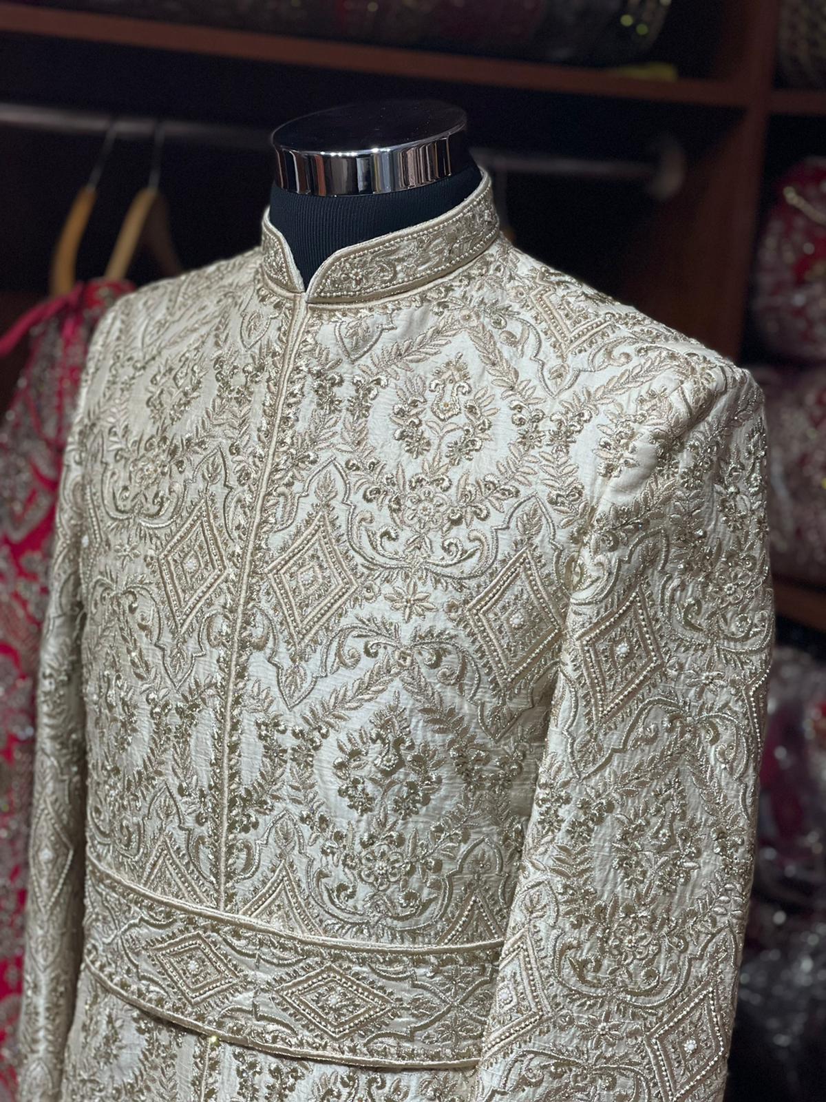 Cream Resham Embroidered Royal Sherwani- 921