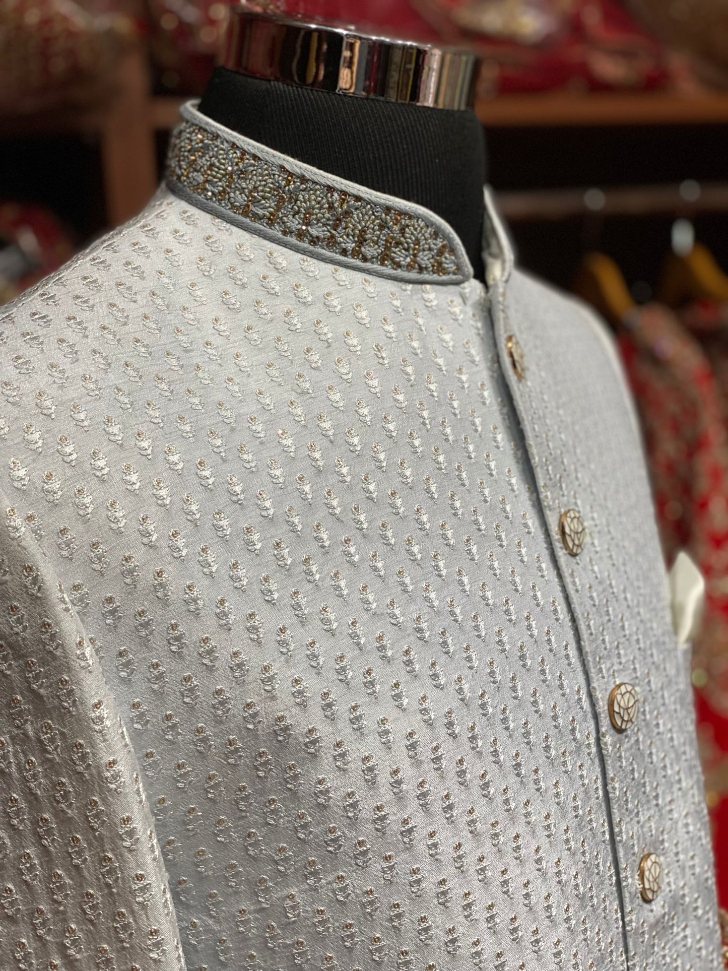 Pearl White Rajwadi Embroidered Sherwani - S28-N11