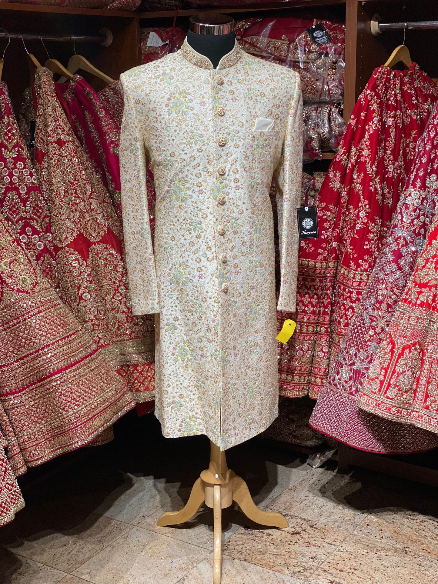 Off White Thread and Sequins Embroidered Sherwani-S1183