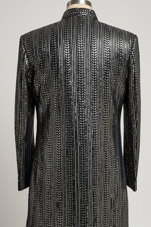 Slate Blue Sequin Embroidered Open Jacket Sherwani with Navy Kurta and Churidar