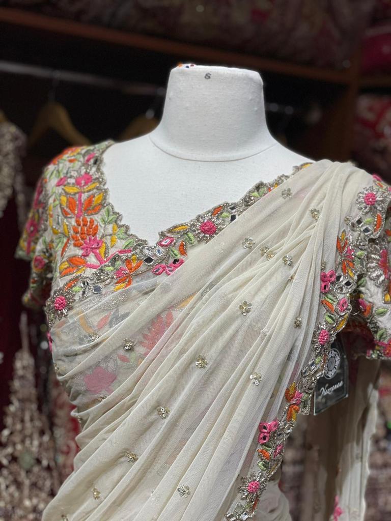 Snow White Pre-Stitched Saree W/ Readymade Blouse PSS-29