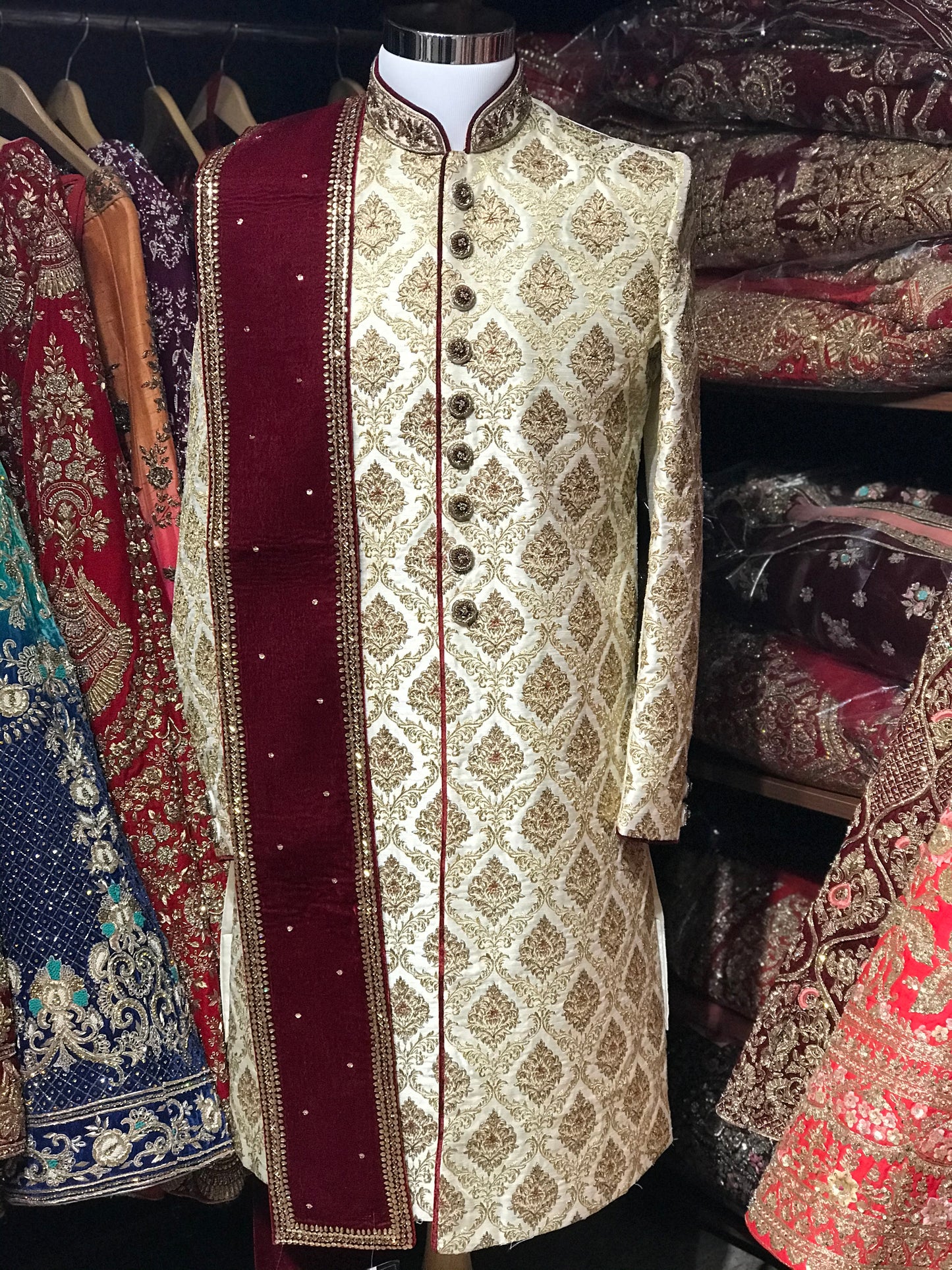 Ivory Maroon Groom Size 38 Sherwani