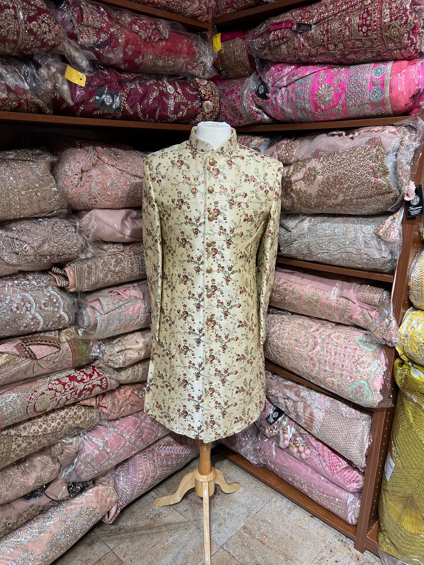 Gold Beige Floral Embroidered Sherwani- SW-D4