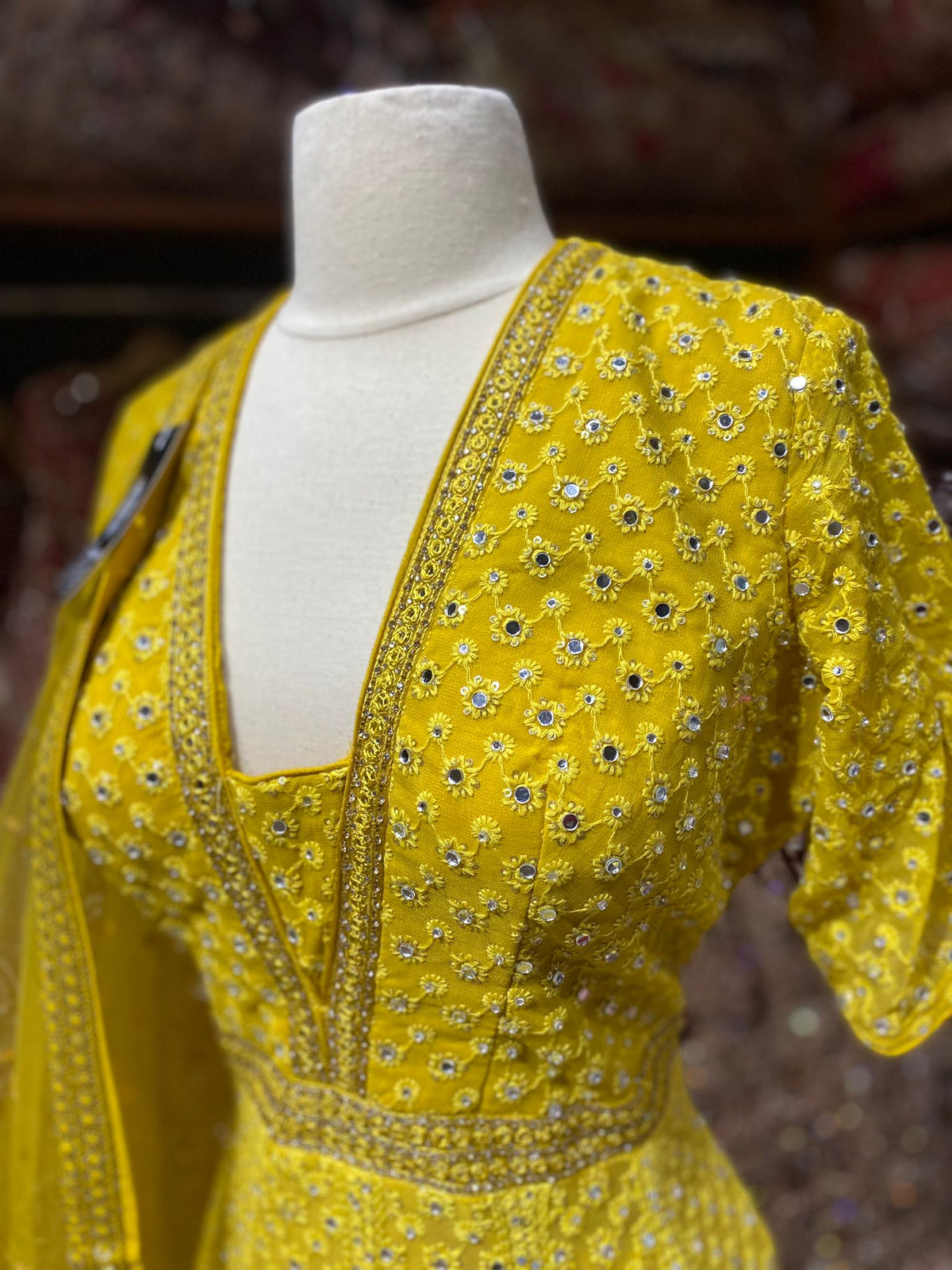 Yellow Embroidered Anarkali with Net Dupatta and Short Sleeves