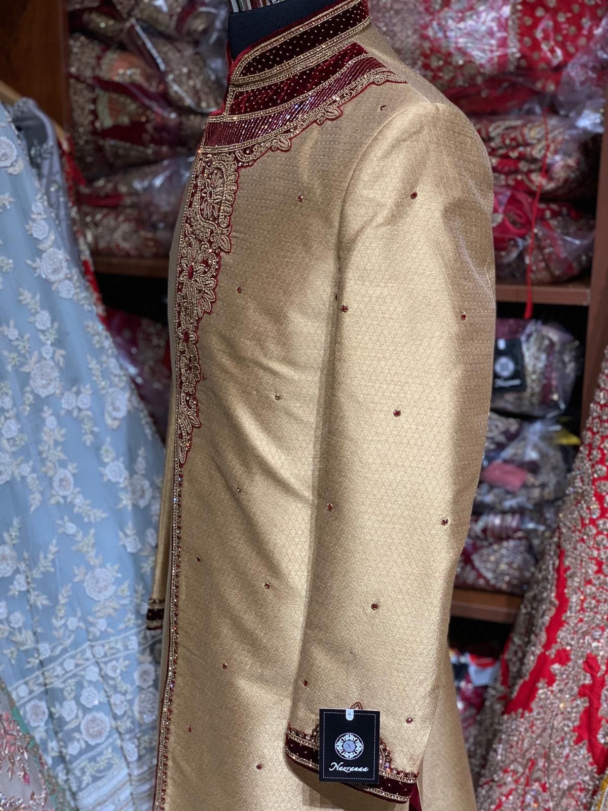Gold Burgundy Size 40 Wedding Sherwani