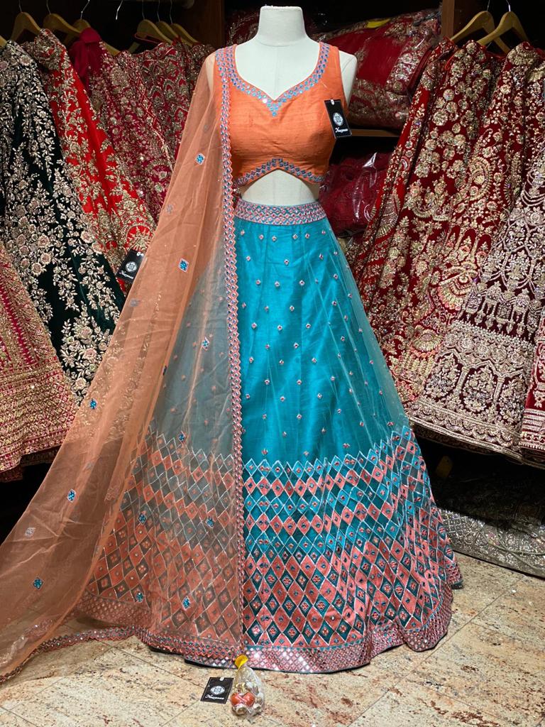 Sky Blue & Orange Party Wear Lehenga PWL-091