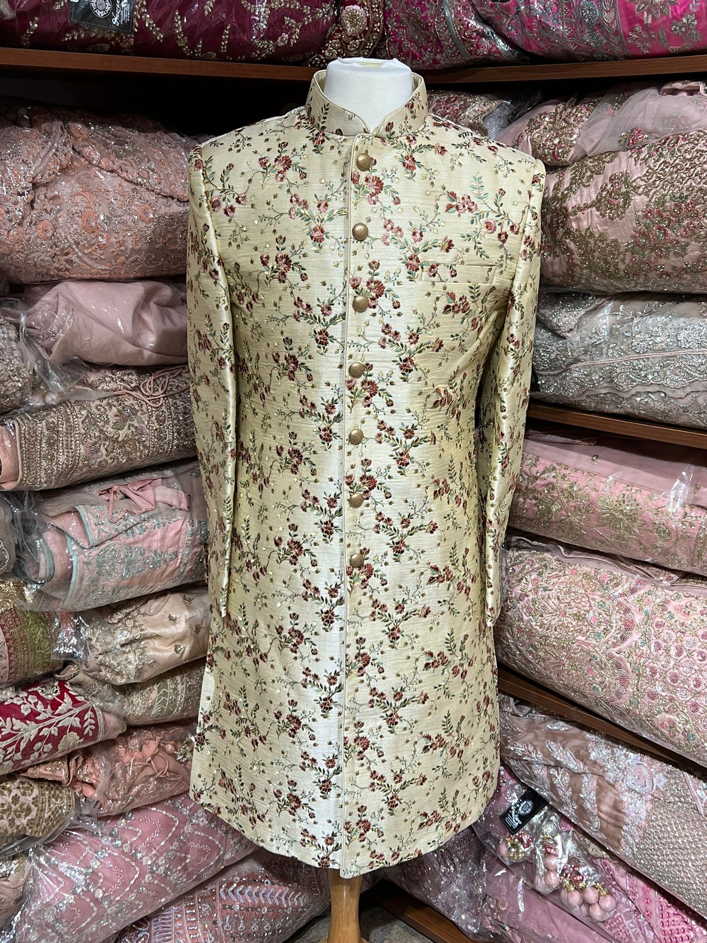Gold Beige Floral Embroidered Sherwani- SW-D4