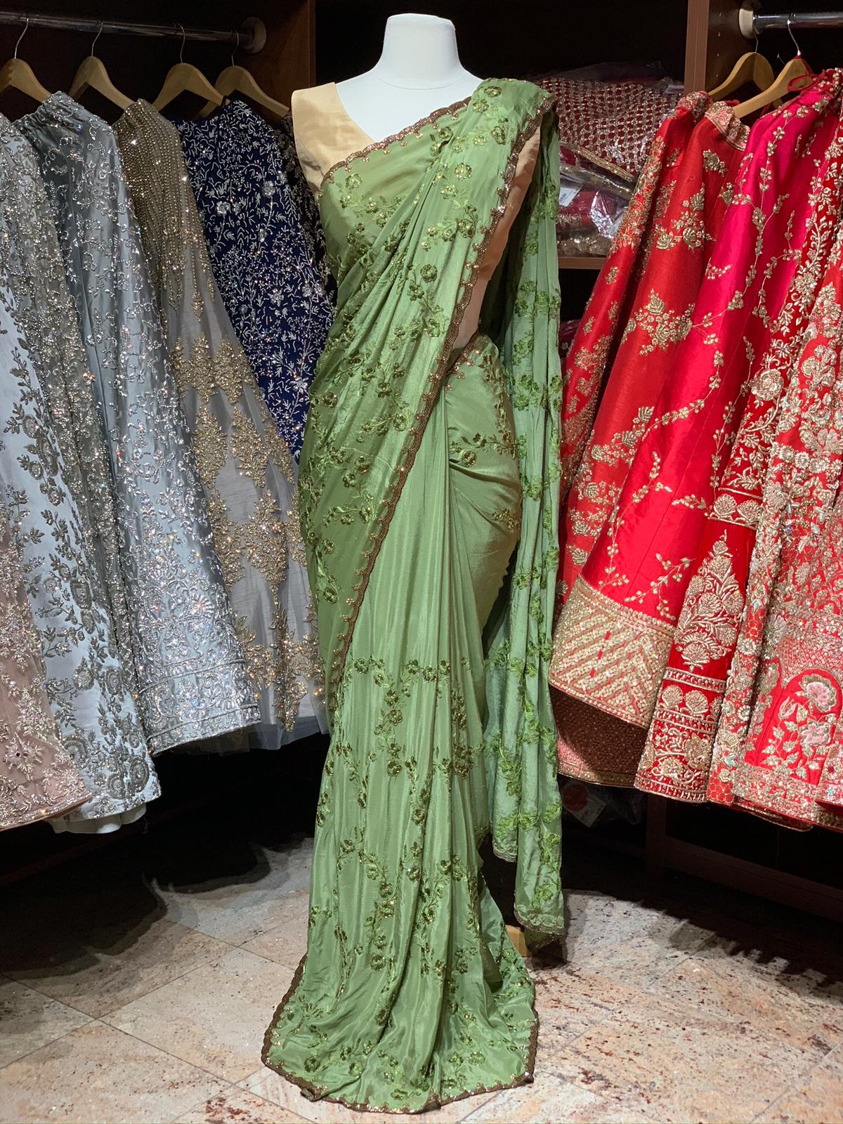 Sage Green Thread Work Saree