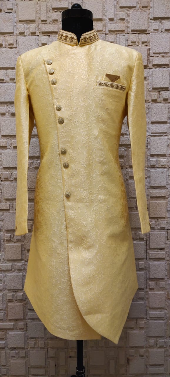 Emerald Green Self-Woven Asymmetric Indo-Western with Embroidered Collar