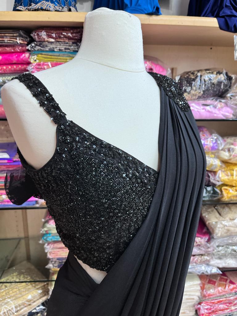 Smoky Black Pre-Stitched Saree W/ Readymade Blouse PSS-37