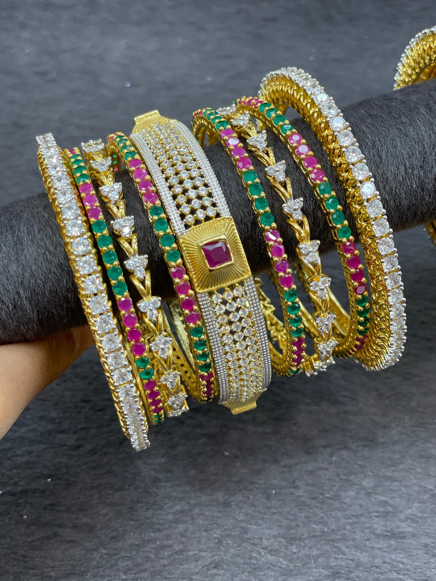 Cubic Zirconia Bangle Set with Emerald and Ruby Stones, Size 2.6