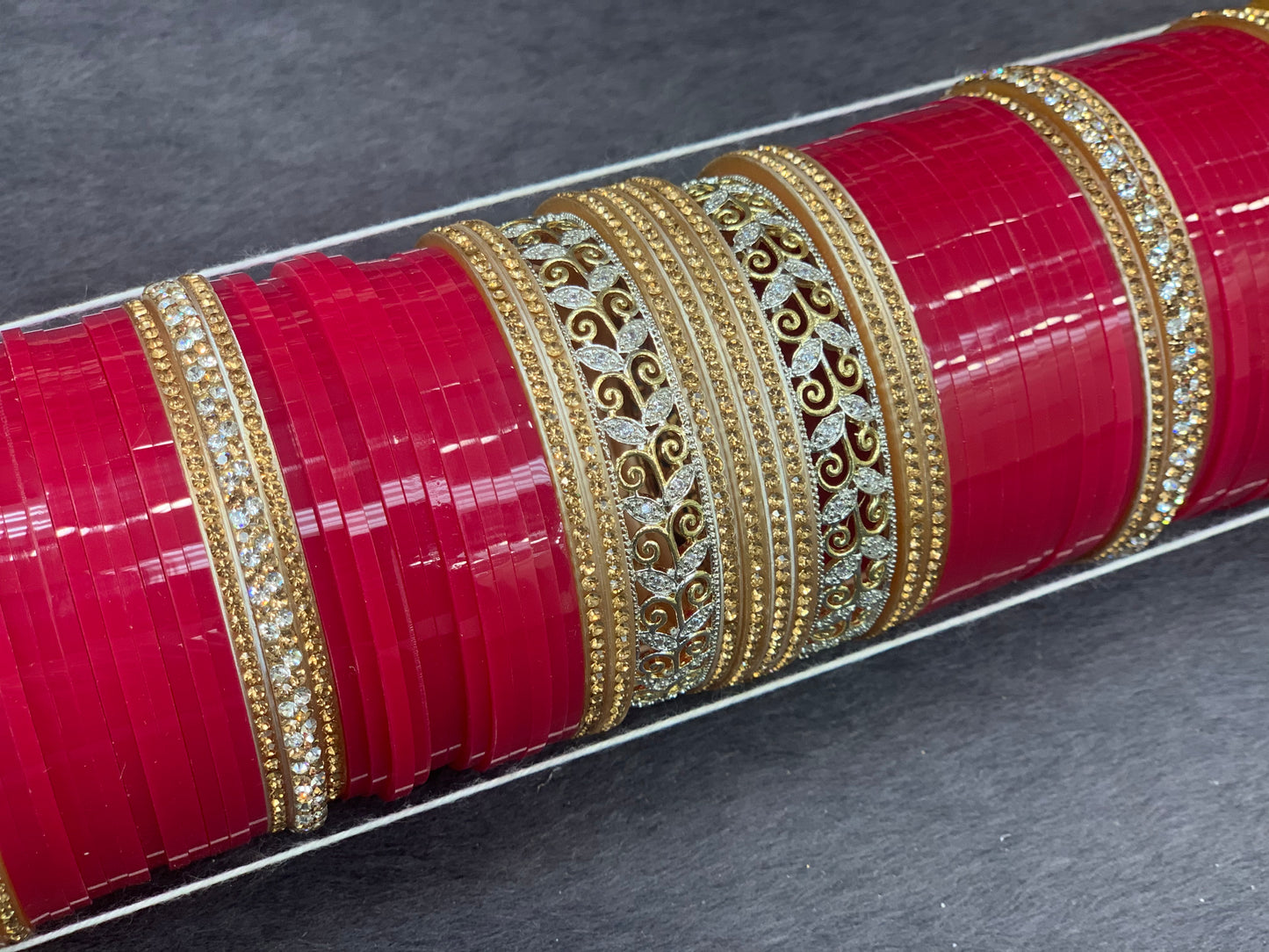 Bridal Dark Pink Traditonal chuda set with Cubic Zirconia stone kadas, Indian wedding jewelry, Punjabi chuda, Red bangle set, Bridal accessories
