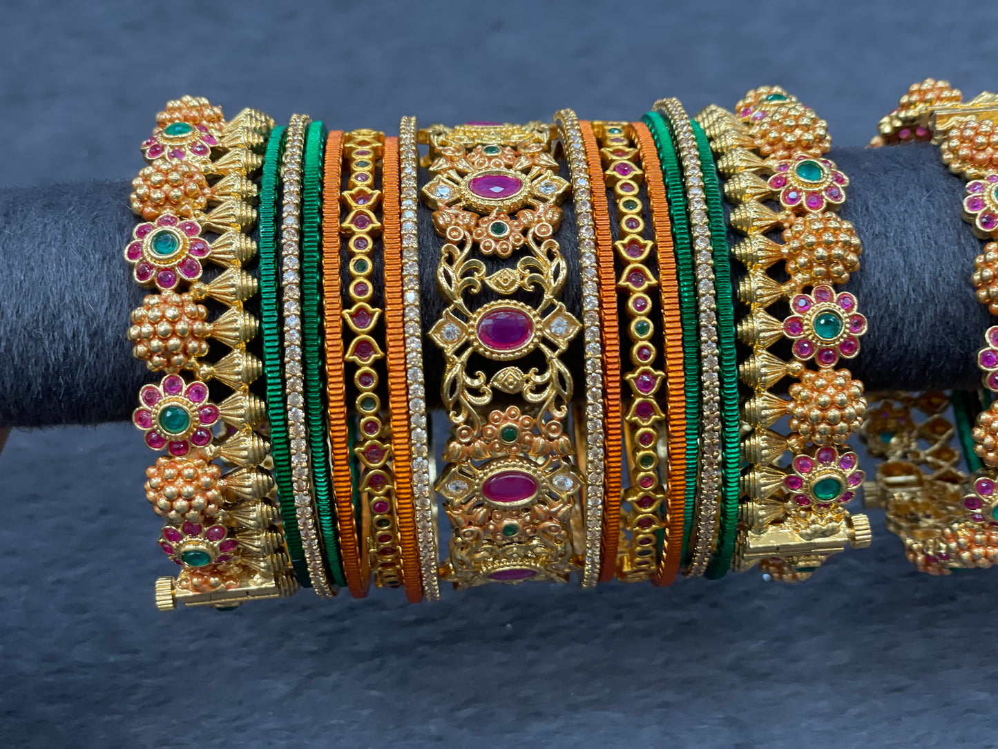 South Indian Traditional Temple Bangle Set with Ruby and Emerald Accents, Size 2.6