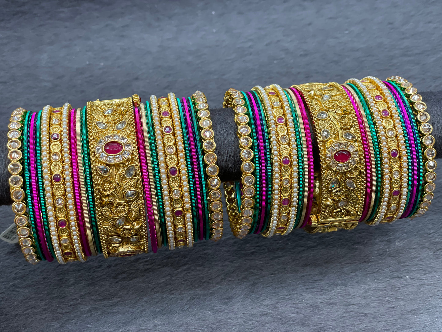 Traditional Gold Bangles with Ruby Accents and Polki Stones, Size 2.6