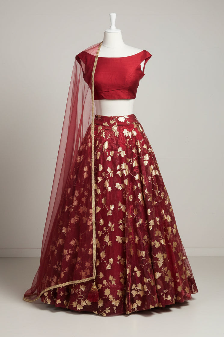 Maroon Off Shoulder Bridesmaid's Lehenga