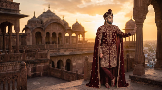 Indian groom wearing an intricately embroidered bespoke sherwani styled with royal accessories.