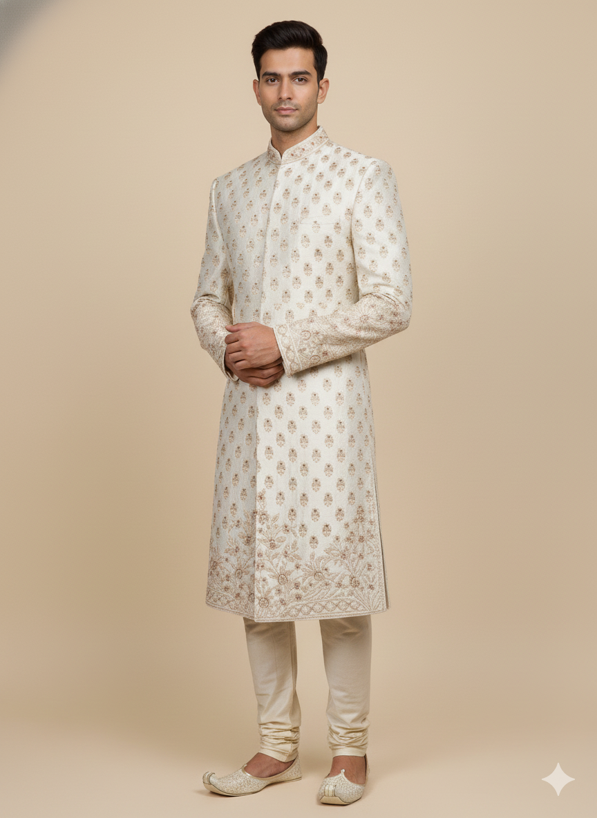 Beige Cream Thread Embroidered Sherwani- R14-N48
