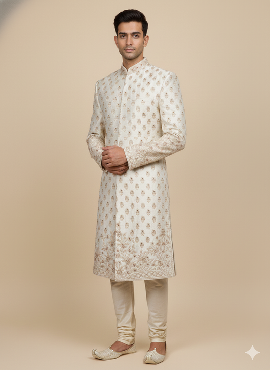 Beige Cream Thread Embroidered Sherwani- R14-N48