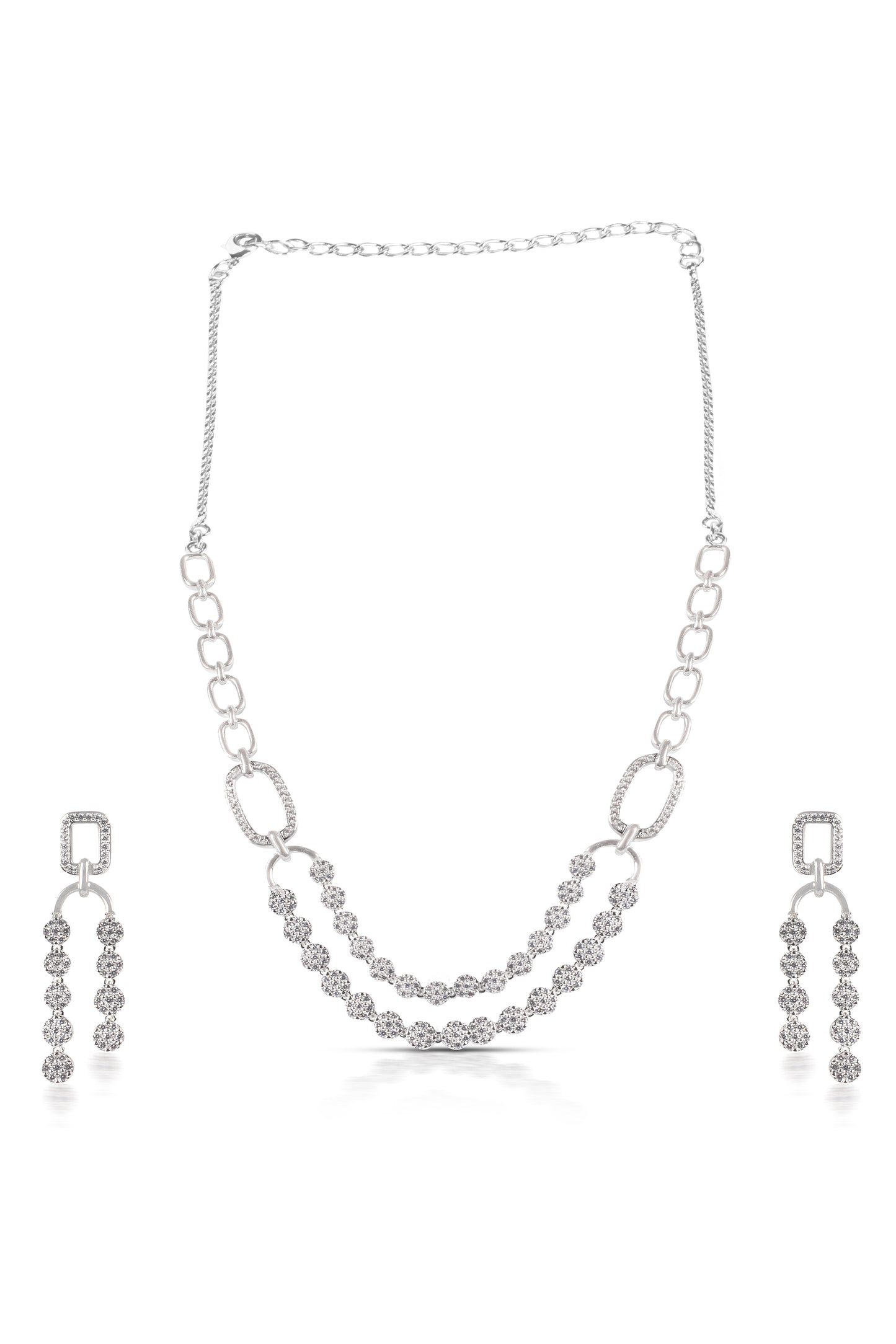 Silver Round Diamond Cluster Multilayer Necklace Set