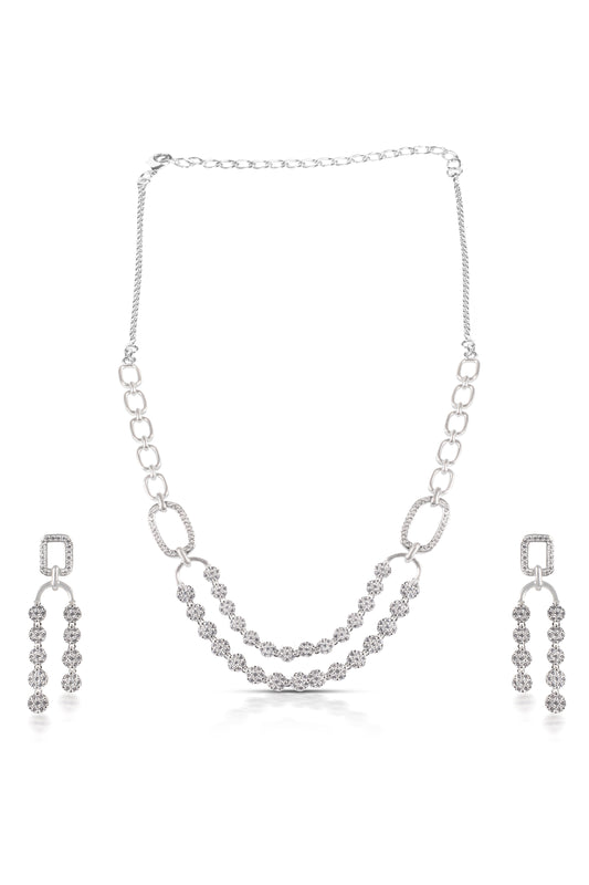 Silver Round Diamond Cluster Multilayer Necklace Set