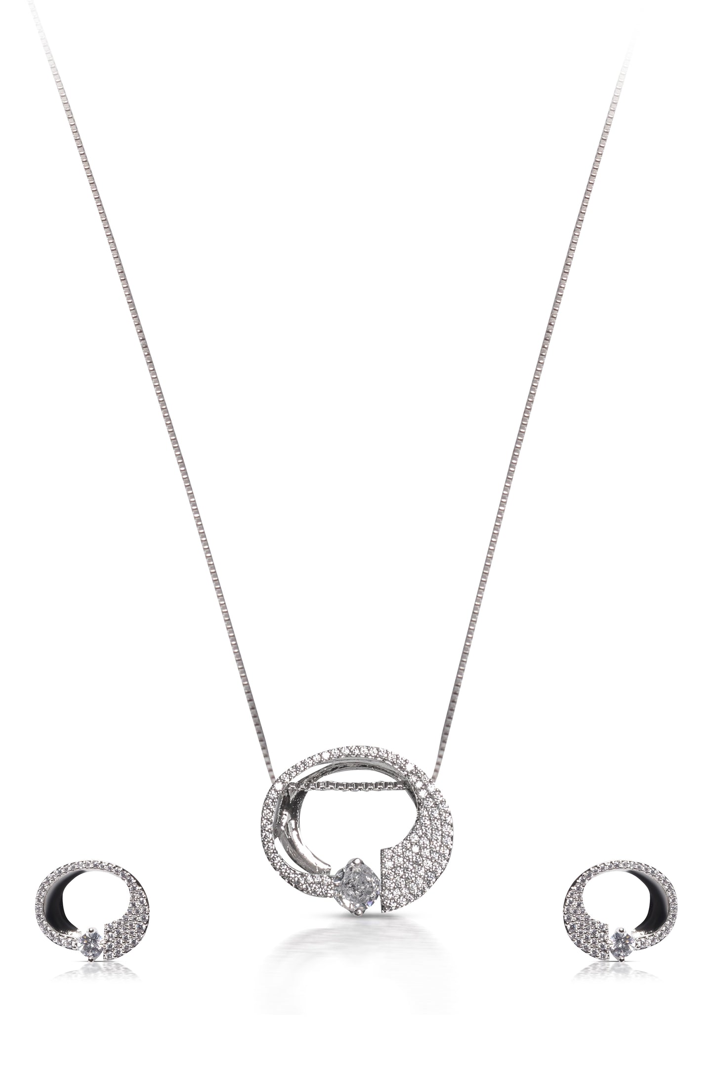 Silver Circle Pave Diamond Pendant Necklace Set