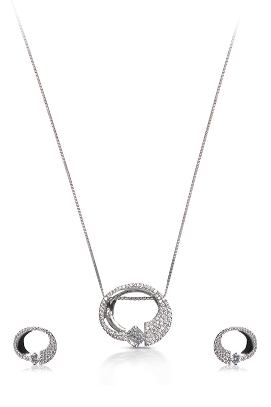 Silver Circle Pave Diamond Pendant Necklace Set