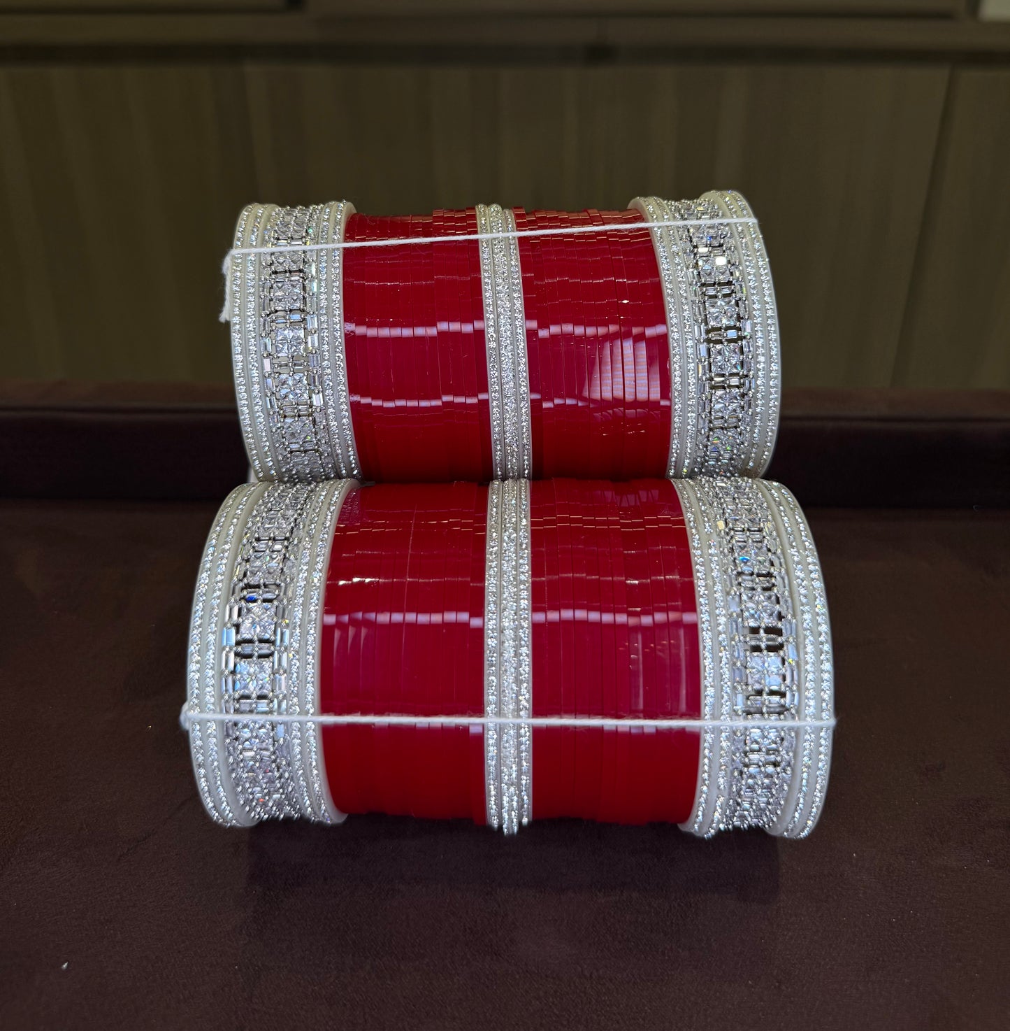 Bridal Red Traditonal chuda set with cubic zirconia stone kadas, Indian wedding jewelry, Punjabi wedding