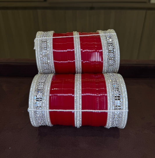 Bridal Red Traditonal chuda set with cubic zirconia stone kadas, Indian wedding jewelry, Punjabi wedding