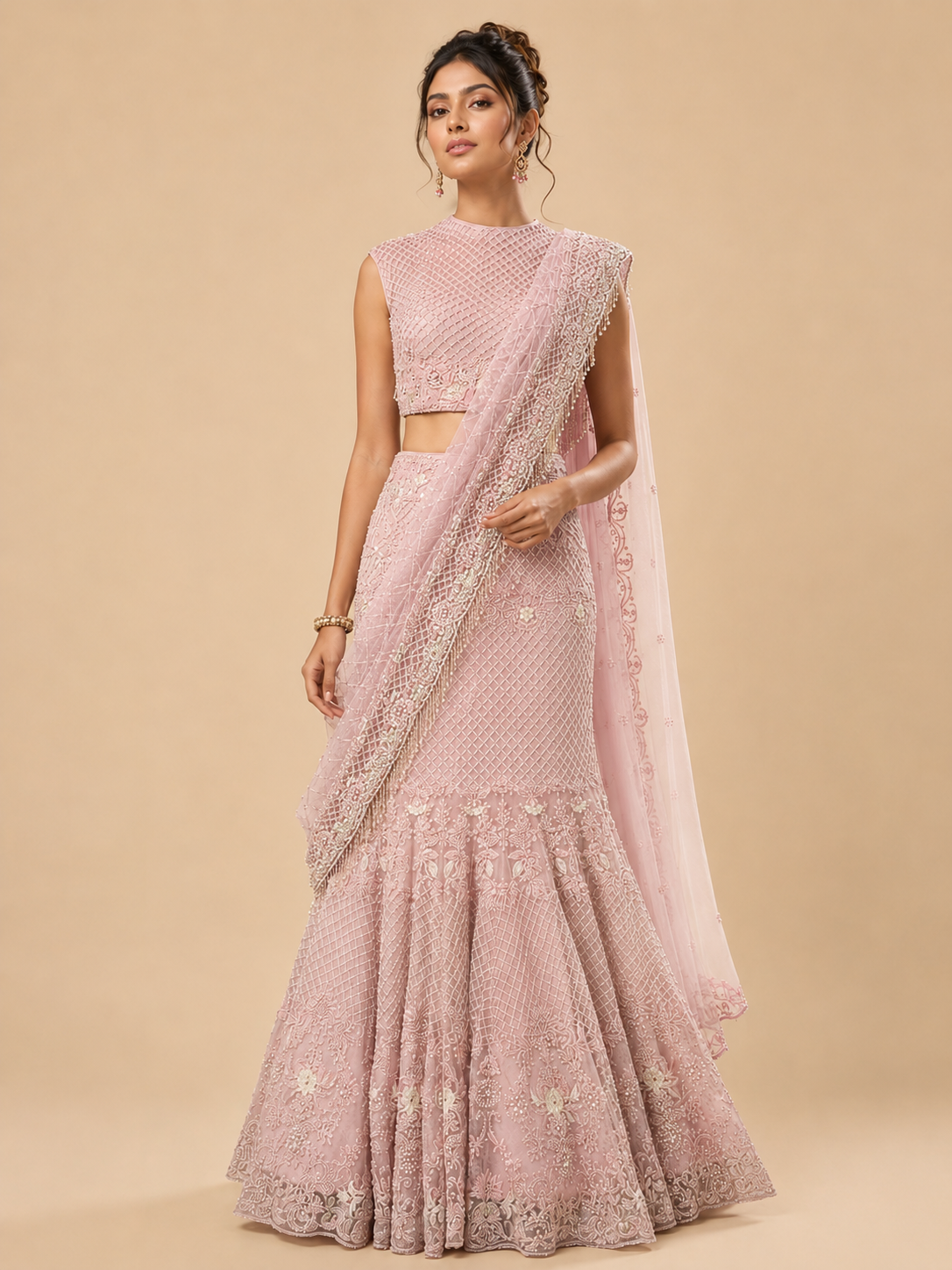 Pink Net Tonal Embroidery Lehenga-Saree