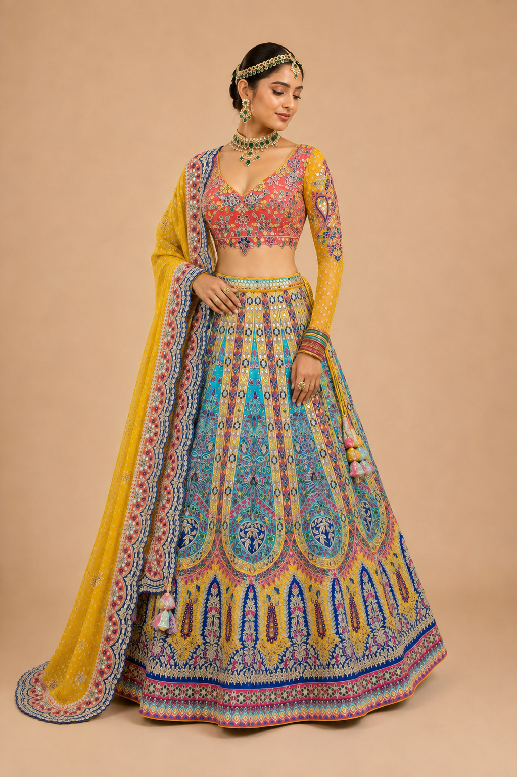 Multicolor Raw Silk Mirror Lehenga
