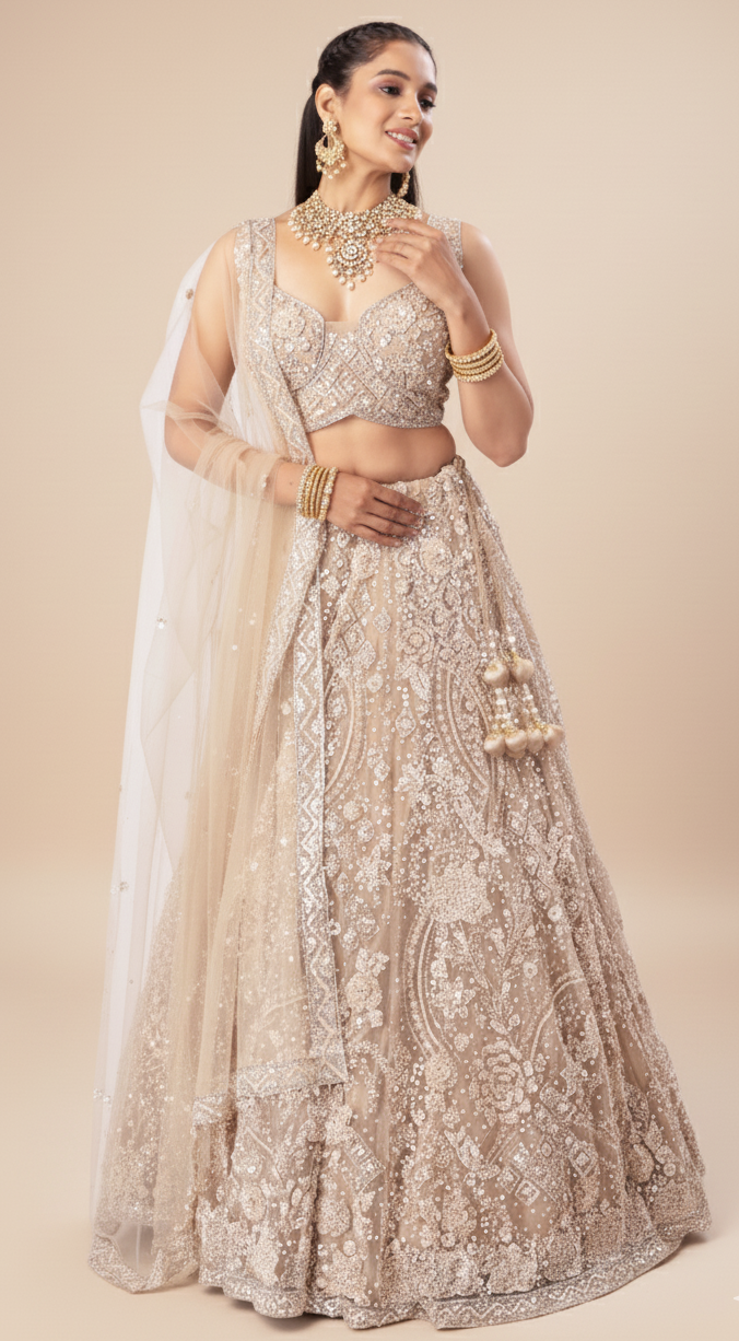Antique white bridal lehenga in net with satin silk, Nazranaa