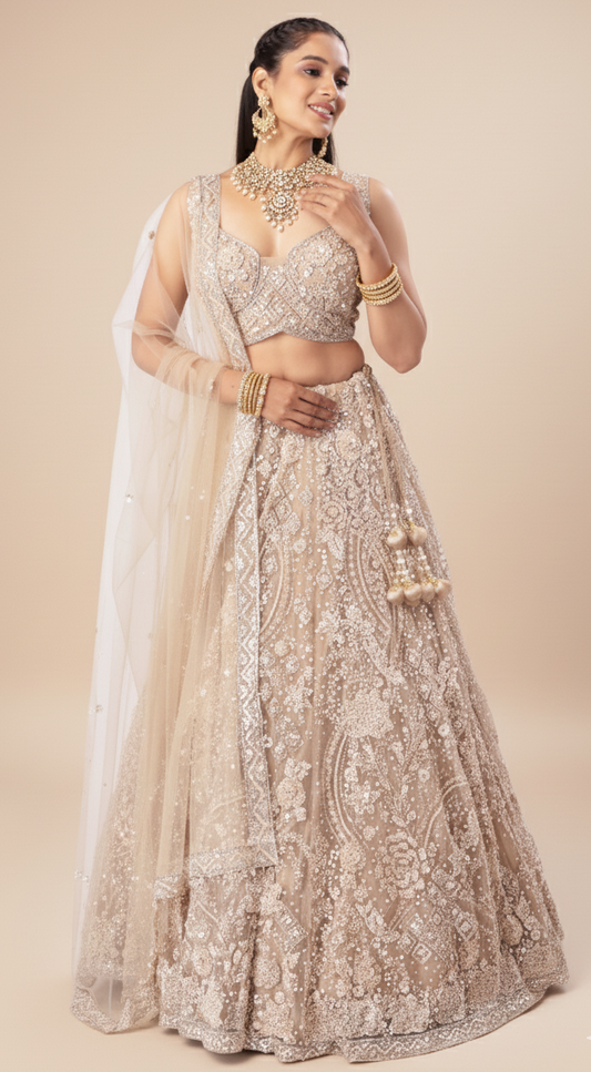 Antique White Bridal Lehenga with Sequence, Cutdana and Crystal Work